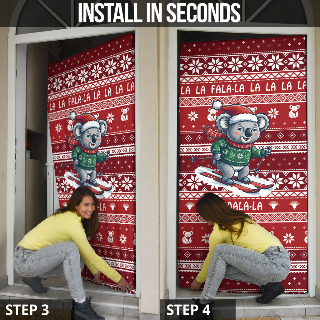 Australia Christmas In July Door Cover Koala Santa Skiing Red Color