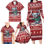 Australia Christmas In July Family Matching Long Sleeve Bodycon Dress and Hawaiian Shirt Koala Santa Skiing Red Color
