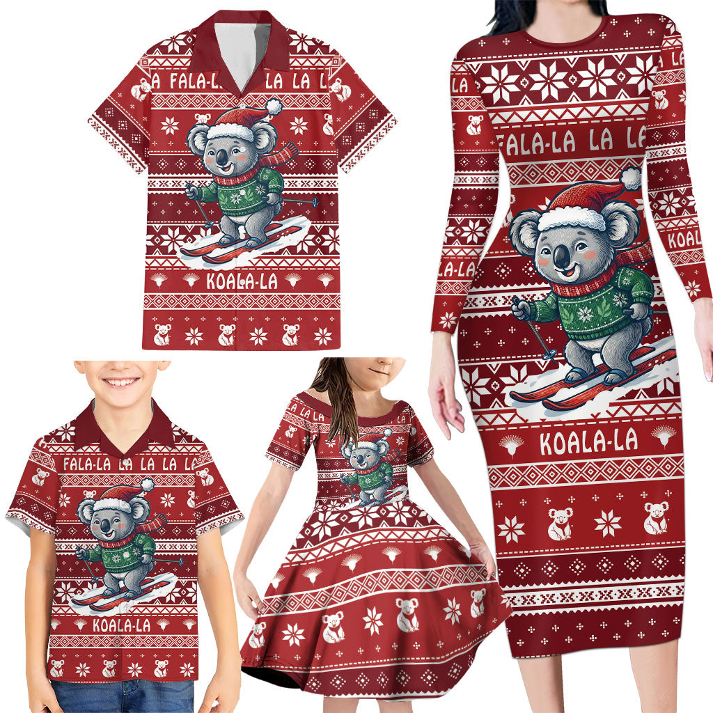 Australia Christmas In July Family Matching Long Sleeve Bodycon Dress and Hawaiian Shirt Koala Santa Skiing Red Color