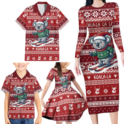 Australia Christmas In July Family Matching Long Sleeve Bodycon Dress and Hawaiian Shirt Koala Santa Skiing Red Color