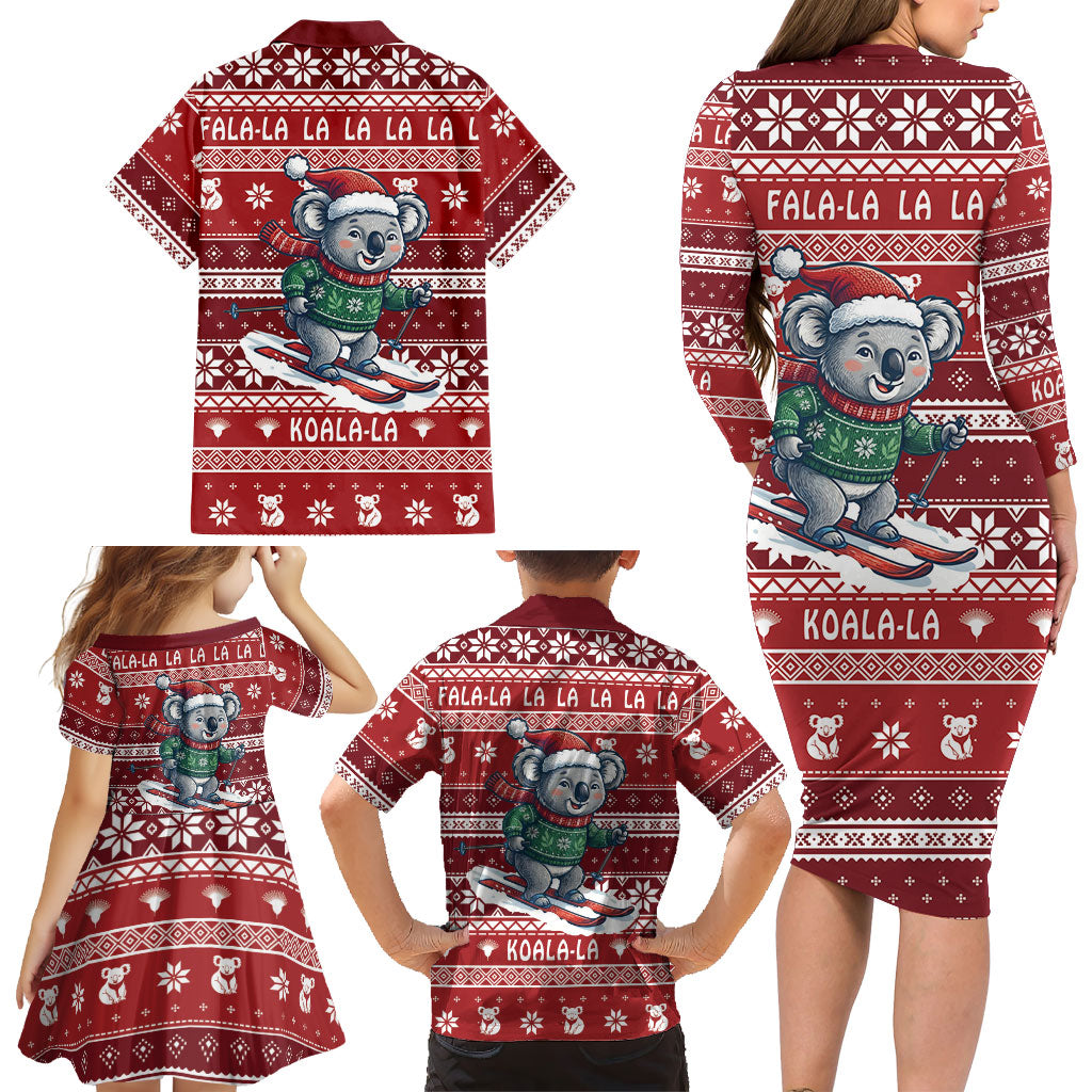 Australia Christmas In July Family Matching Long Sleeve Bodycon Dress and Hawaiian Shirt Koala Santa Skiing Red Color