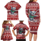 Australia Christmas In July Family Matching Long Sleeve Bodycon Dress and Hawaiian Shirt Koala Santa Skiing Red Color
