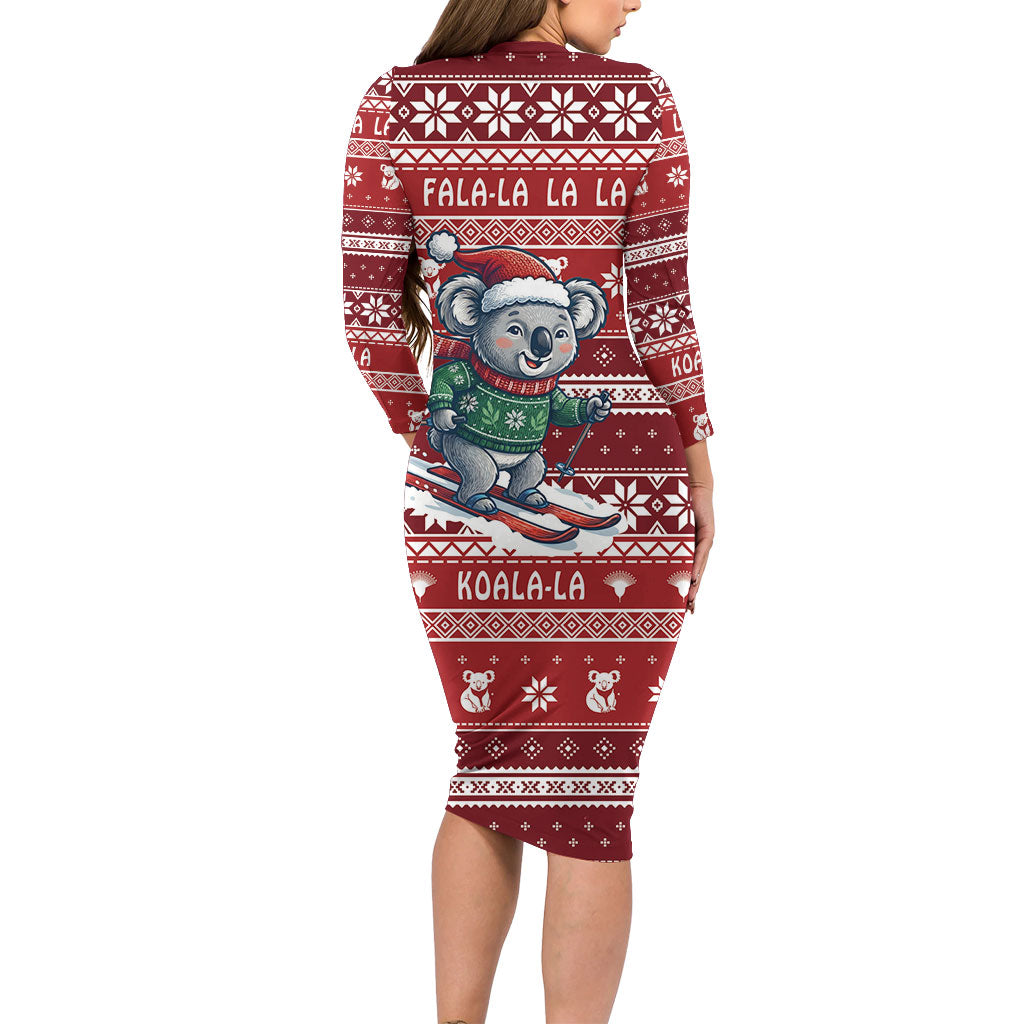 Australia Christmas In July Family Matching Long Sleeve Bodycon Dress and Hawaiian Shirt Koala Santa Skiing Red Color