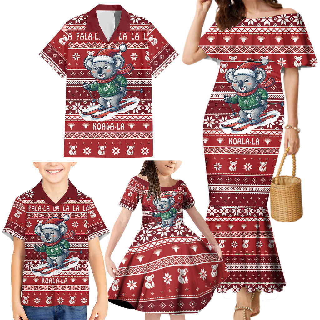 Australia Christmas In July Family Matching Mermaid Dress and Hawaiian Shirt Koala Santa Skiing Red Color