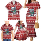 Australia Christmas In July Family Matching Mermaid Dress and Hawaiian Shirt Koala Santa Skiing Red Color
