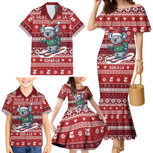Australia Christmas In July Family Matching Mermaid Dress and Hawaiian Shirt Koala Santa Skiing Red Color