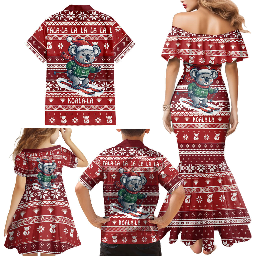 Australia Christmas In July Family Matching Mermaid Dress and Hawaiian Shirt Koala Santa Skiing Red Color
