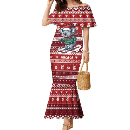 Australia Christmas In July Family Matching Mermaid Dress and Hawaiian Shirt Koala Santa Skiing Red Color