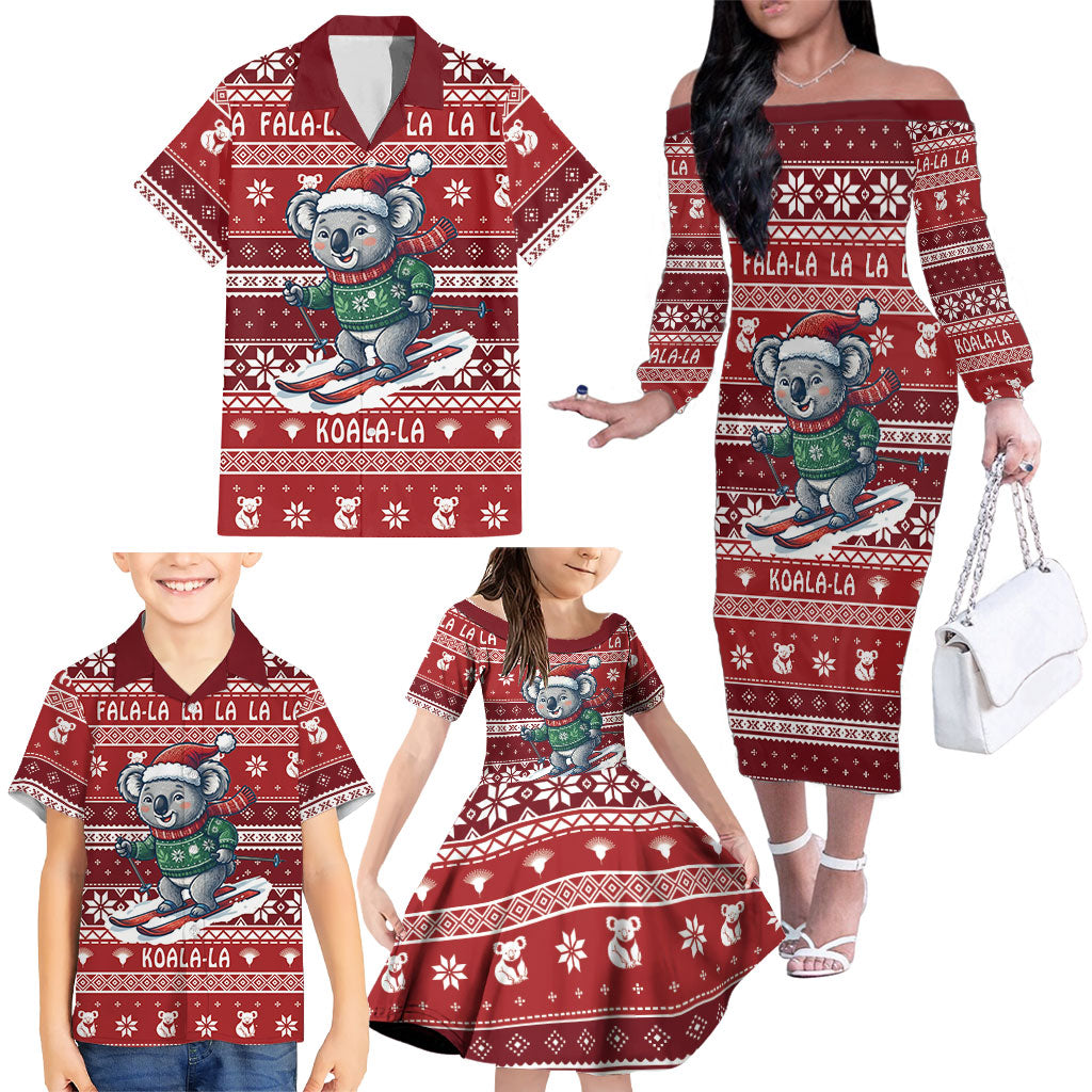 Australia Christmas In July Family Matching Off The Shoulder Long Sleeve Dress and Hawaiian Shirt Koala Santa Skiing Red Color
