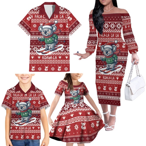 Australia Christmas In July Family Matching Off The Shoulder Long Sleeve Dress and Hawaiian Shirt Koala Santa Skiing Red Color