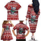 Australia Christmas In July Family Matching Off The Shoulder Long Sleeve Dress and Hawaiian Shirt Koala Santa Skiing Red Color