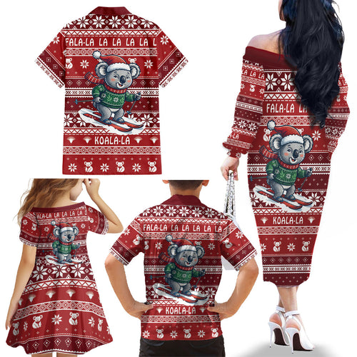 Australia Christmas In July Family Matching Off The Shoulder Long Sleeve Dress and Hawaiian Shirt Koala Santa Skiing Red Color