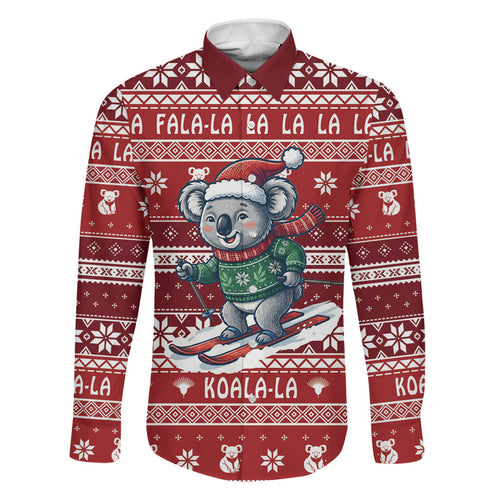 Australia Christmas In July Family Matching Off The Shoulder Long Sleeve Dress and Hawaiian Shirt Koala Santa Skiing Red Color