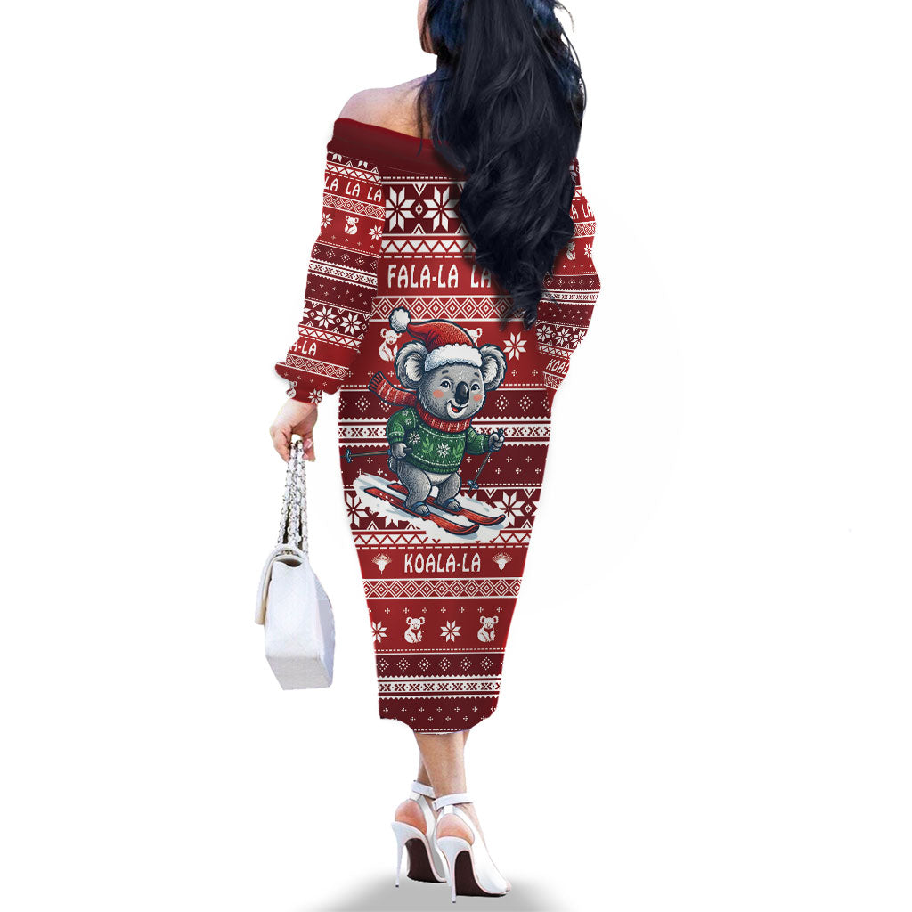 Australia Christmas In July Family Matching Off The Shoulder Long Sleeve Dress and Hawaiian Shirt Koala Santa Skiing Red Color