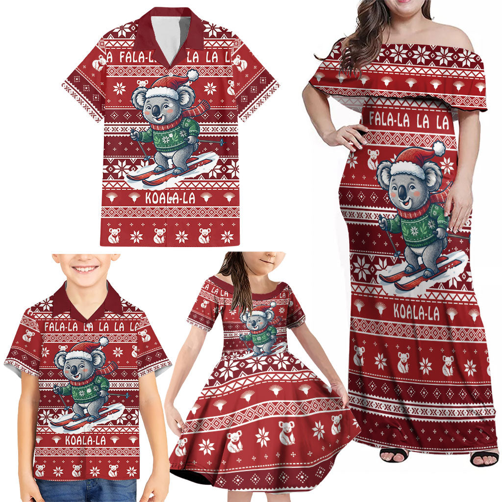 Australia Christmas In July Family Matching Off Shoulder Maxi Dress and Hawaiian Shirt Koala Santa Skiing Red Color