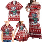 Australia Christmas In July Family Matching Off Shoulder Maxi Dress and Hawaiian Shirt Koala Santa Skiing Red Color