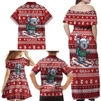 Australia Christmas In July Family Matching Off Shoulder Maxi Dress and Hawaiian Shirt Koala Santa Skiing Red Color