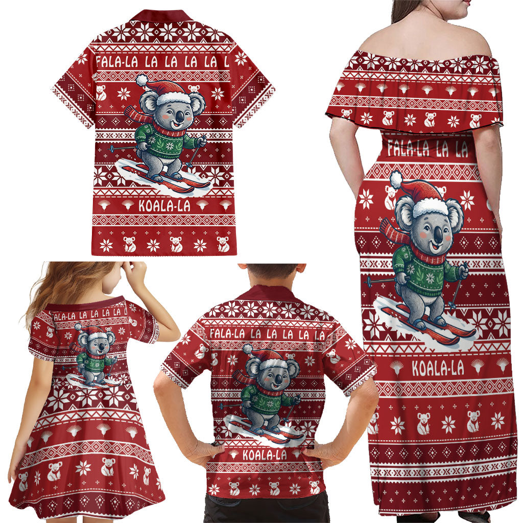 Australia Christmas In July Family Matching Off Shoulder Maxi Dress and Hawaiian Shirt Koala Santa Skiing Red Color