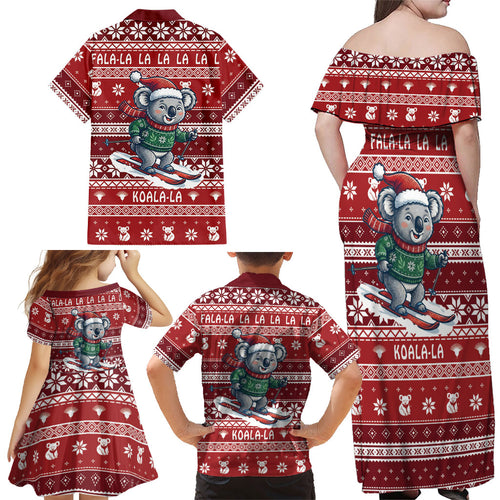 Australia Christmas In July Family Matching Off Shoulder Maxi Dress and Hawaiian Shirt Koala Santa Skiing Red Color