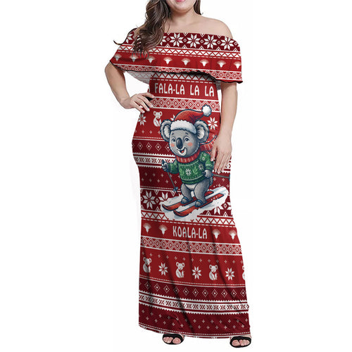Australia Christmas In July Family Matching Off Shoulder Maxi Dress and Hawaiian Shirt Koala Santa Skiing Red Color