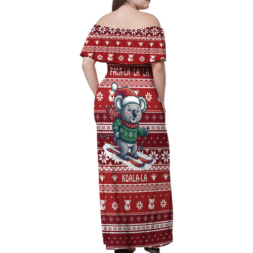 Australia Christmas In July Family Matching Off Shoulder Maxi Dress and Hawaiian Shirt Koala Santa Skiing Red Color