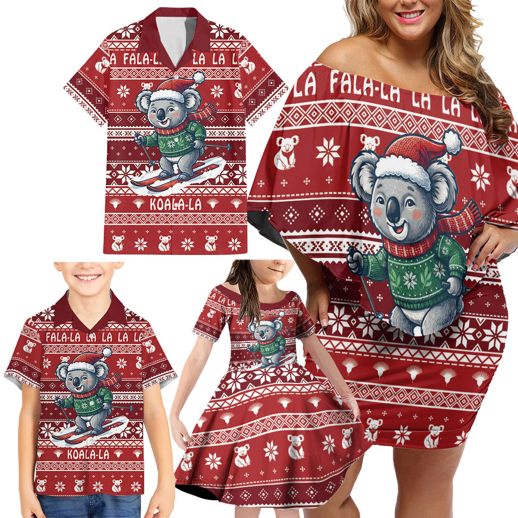 Australia Christmas In July Family Matching Off Shoulder Short Dress and Hawaiian Shirt Koala Santa Skiing Red Color