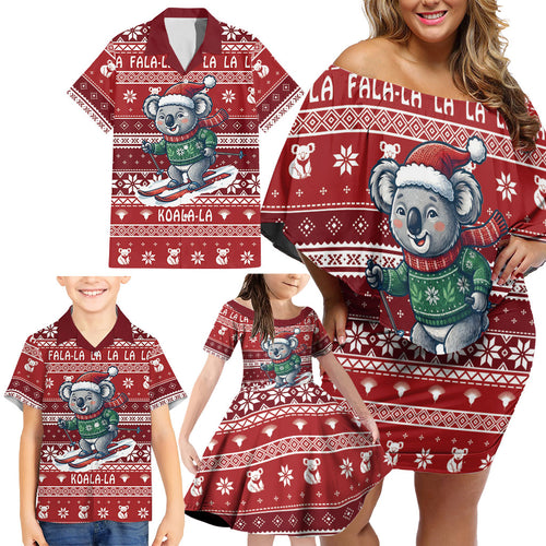Australia Christmas In July Family Matching Off Shoulder Short Dress and Hawaiian Shirt Koala Santa Skiing Red Color