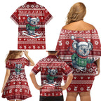 Australia Christmas In July Family Matching Off Shoulder Short Dress and Hawaiian Shirt Koala Santa Skiing Red Color
