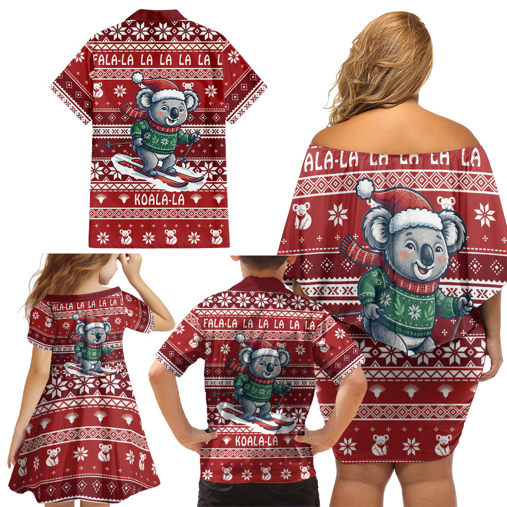 Australia Christmas In July Family Matching Off Shoulder Short Dress and Hawaiian Shirt Koala Santa Skiing Red Color