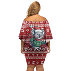Australia Christmas In July Family Matching Off Shoulder Short Dress and Hawaiian Shirt Koala Santa Skiing Red Color