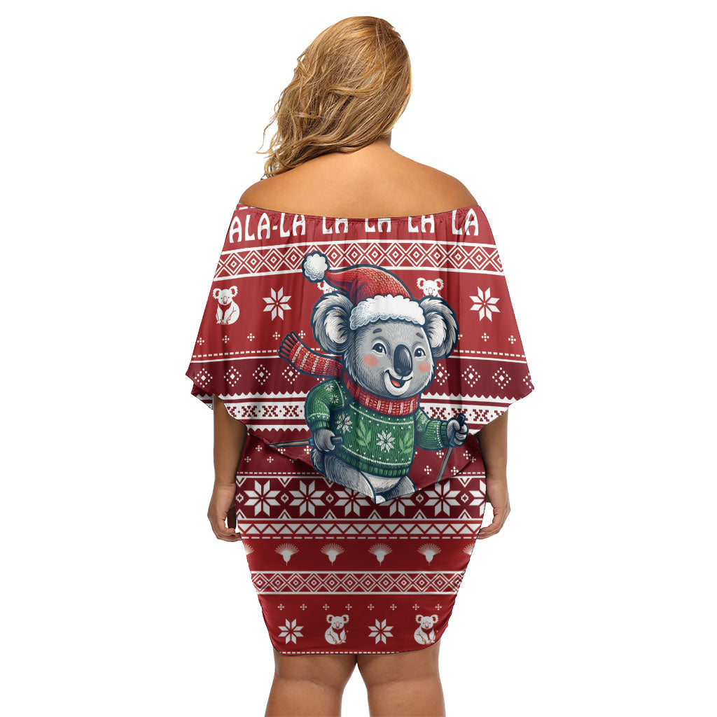 Australia Christmas In July Family Matching Off Shoulder Short Dress and Hawaiian Shirt Koala Santa Skiing Red Color