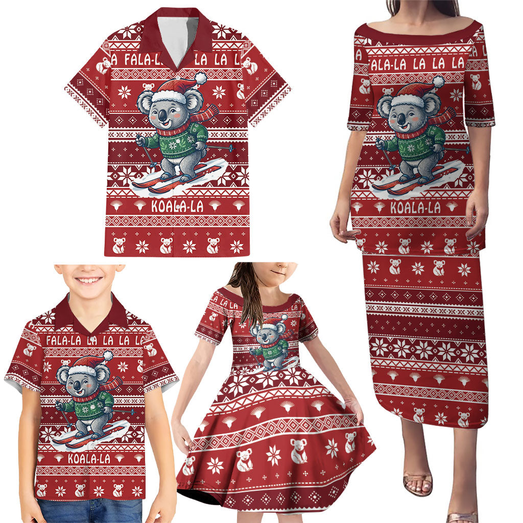 Australia Christmas In July Family Matching Puletasi and Hawaiian Shirt Koala Santa Skiing Red Color
