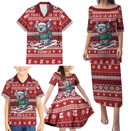 Australia Christmas In July Family Matching Puletasi and Hawaiian Shirt Koala Santa Skiing Red Color