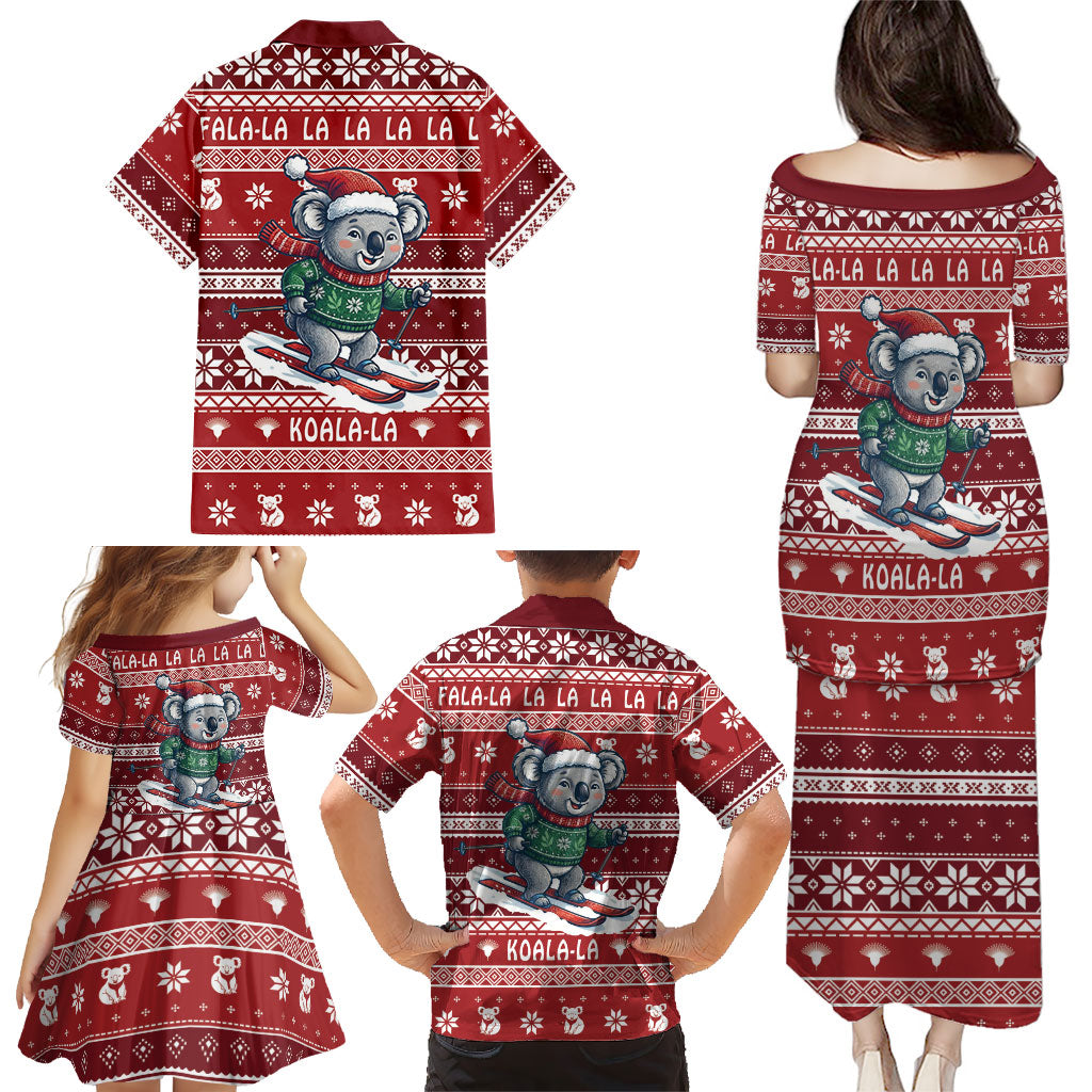 Australia Christmas In July Family Matching Puletasi and Hawaiian Shirt Koala Santa Skiing Red Color