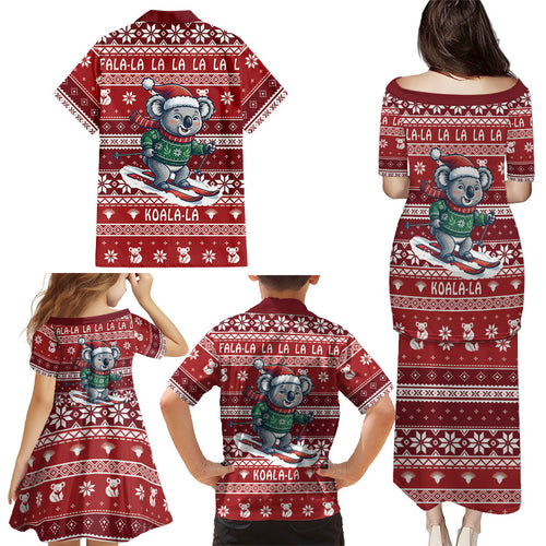 Australia Christmas In July Family Matching Puletasi and Hawaiian Shirt Koala Santa Skiing Red Color