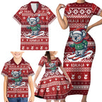Australia Christmas In July Family Matching Short Sleeve Bodycon Dress and Hawaiian Shirt Koala Santa Skiing Red Color