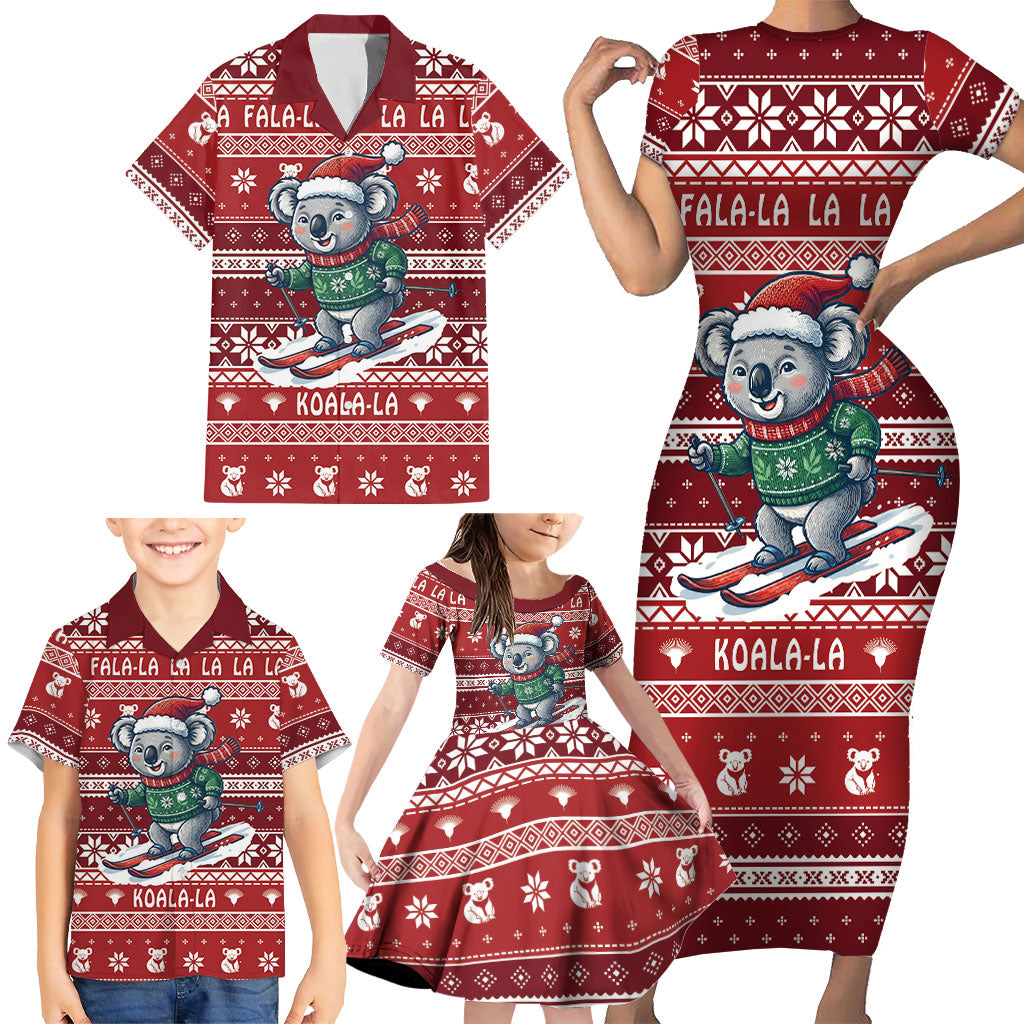 Australia Christmas In July Family Matching Short Sleeve Bodycon Dress and Hawaiian Shirt Koala Santa Skiing Red Color