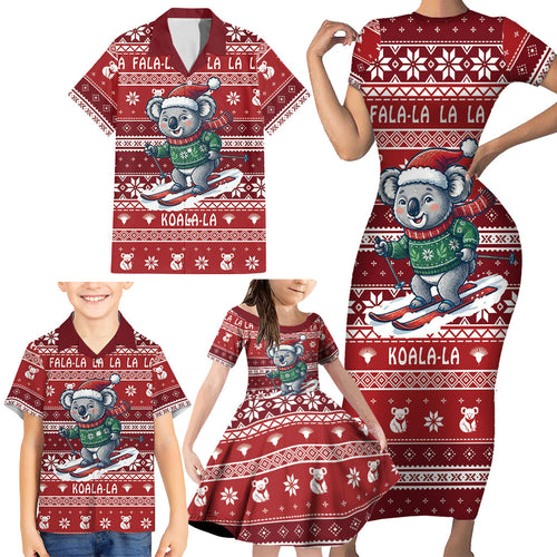 Australia Christmas In July Family Matching Short Sleeve Bodycon Dress and Hawaiian Shirt Koala Santa Skiing Red Color