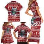 Australia Christmas In July Family Matching Short Sleeve Bodycon Dress and Hawaiian Shirt Koala Santa Skiing Red Color