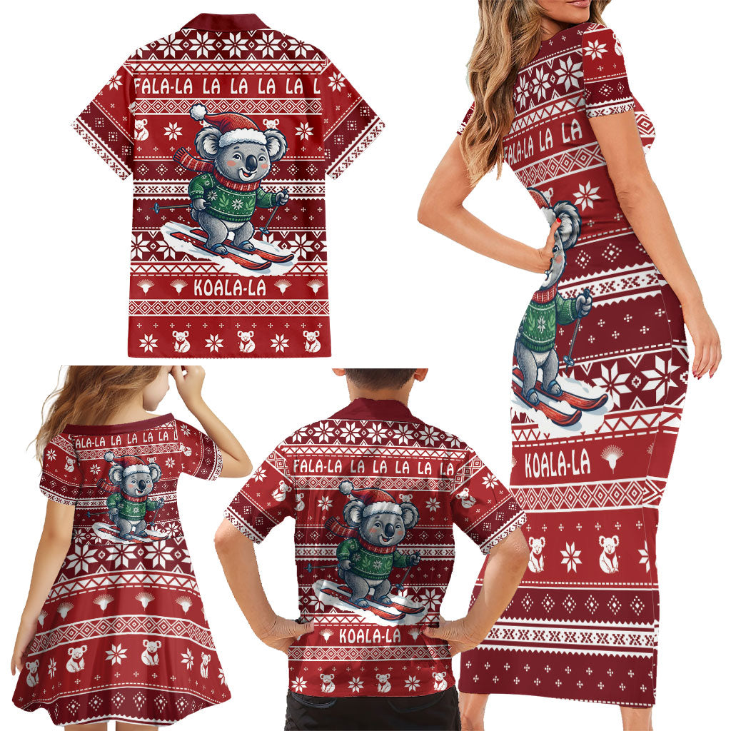 Australia Christmas In July Family Matching Short Sleeve Bodycon Dress and Hawaiian Shirt Koala Santa Skiing Red Color