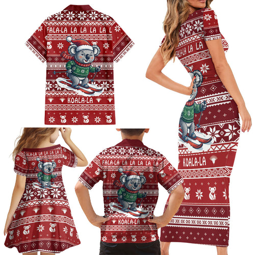 Australia Christmas In July Family Matching Short Sleeve Bodycon Dress and Hawaiian Shirt Koala Santa Skiing Red Color