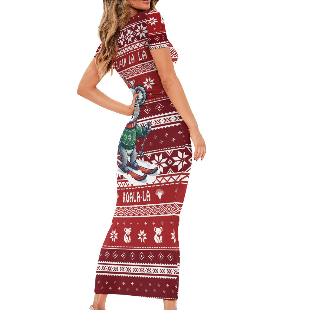 Australia Christmas In July Family Matching Short Sleeve Bodycon Dress and Hawaiian Shirt Koala Santa Skiing Red Color