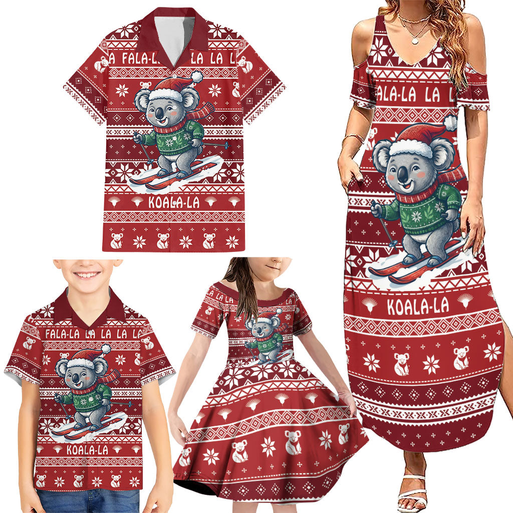 Australia Christmas In July Family Matching Summer Maxi Dress and Hawaiian Shirt Koala Santa Skiing Red Color