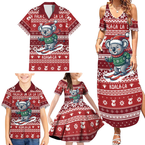 Australia Christmas In July Family Matching Summer Maxi Dress and Hawaiian Shirt Koala Santa Skiing Red Color