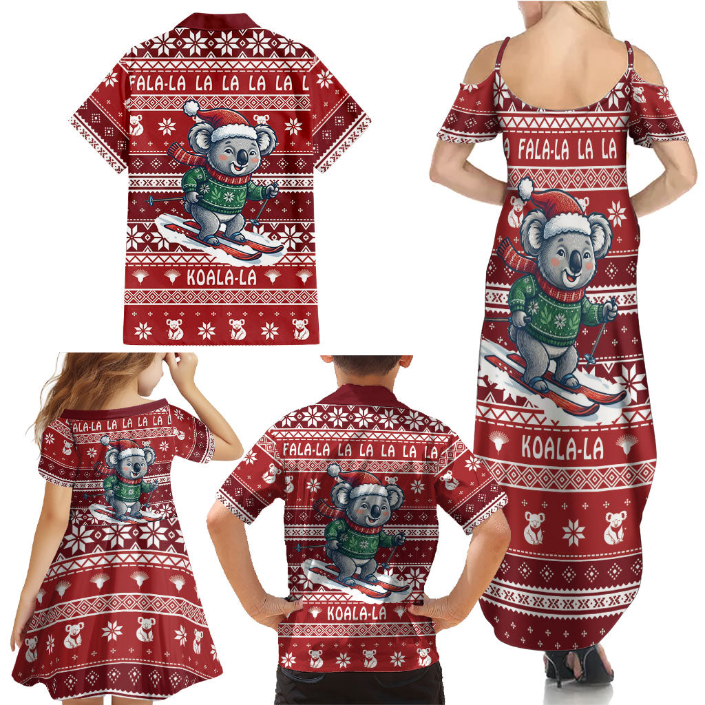 Australia Christmas In July Family Matching Summer Maxi Dress and Hawaiian Shirt Koala Santa Skiing Red Color