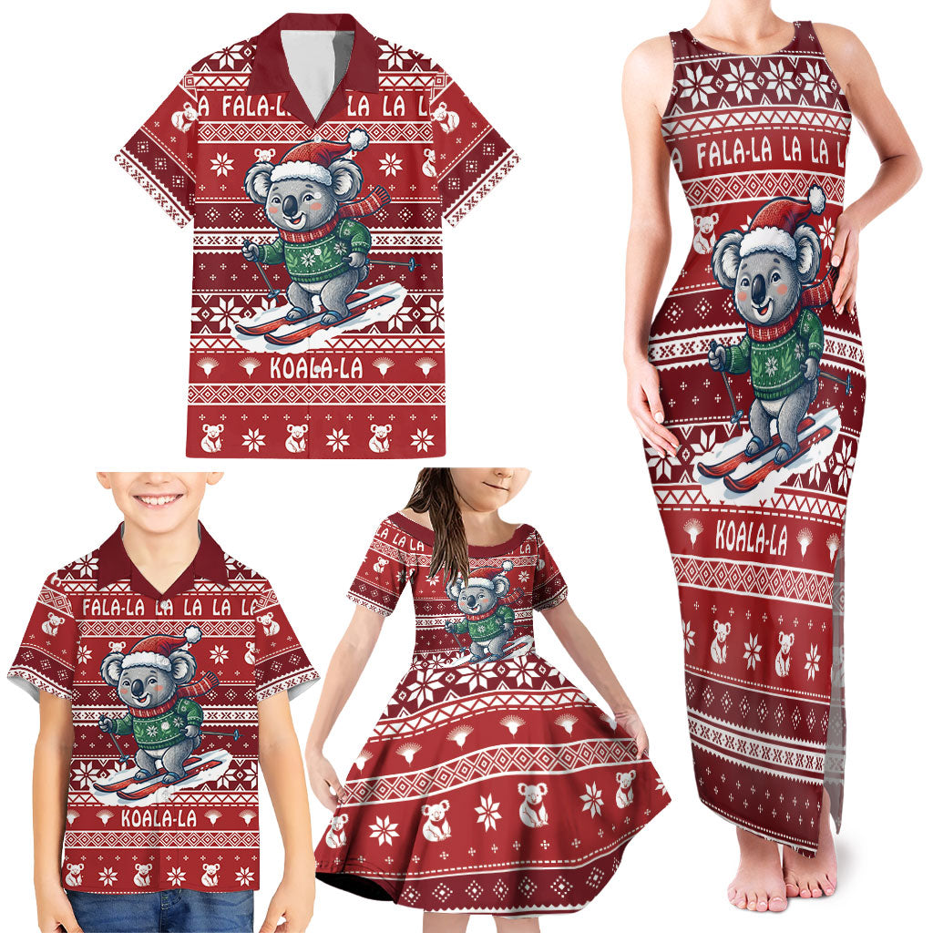 Australia Christmas In July Family Matching Tank Maxi Dress and Hawaiian Shirt Koala Santa Skiing Red Color