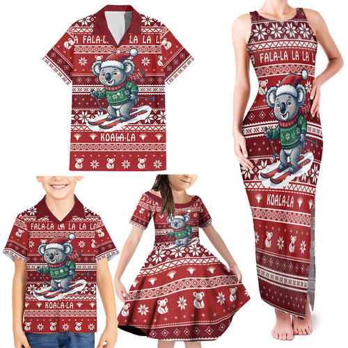 Australia Christmas In July Family Matching Tank Maxi Dress and Hawaiian Shirt Koala Santa Skiing Red Color