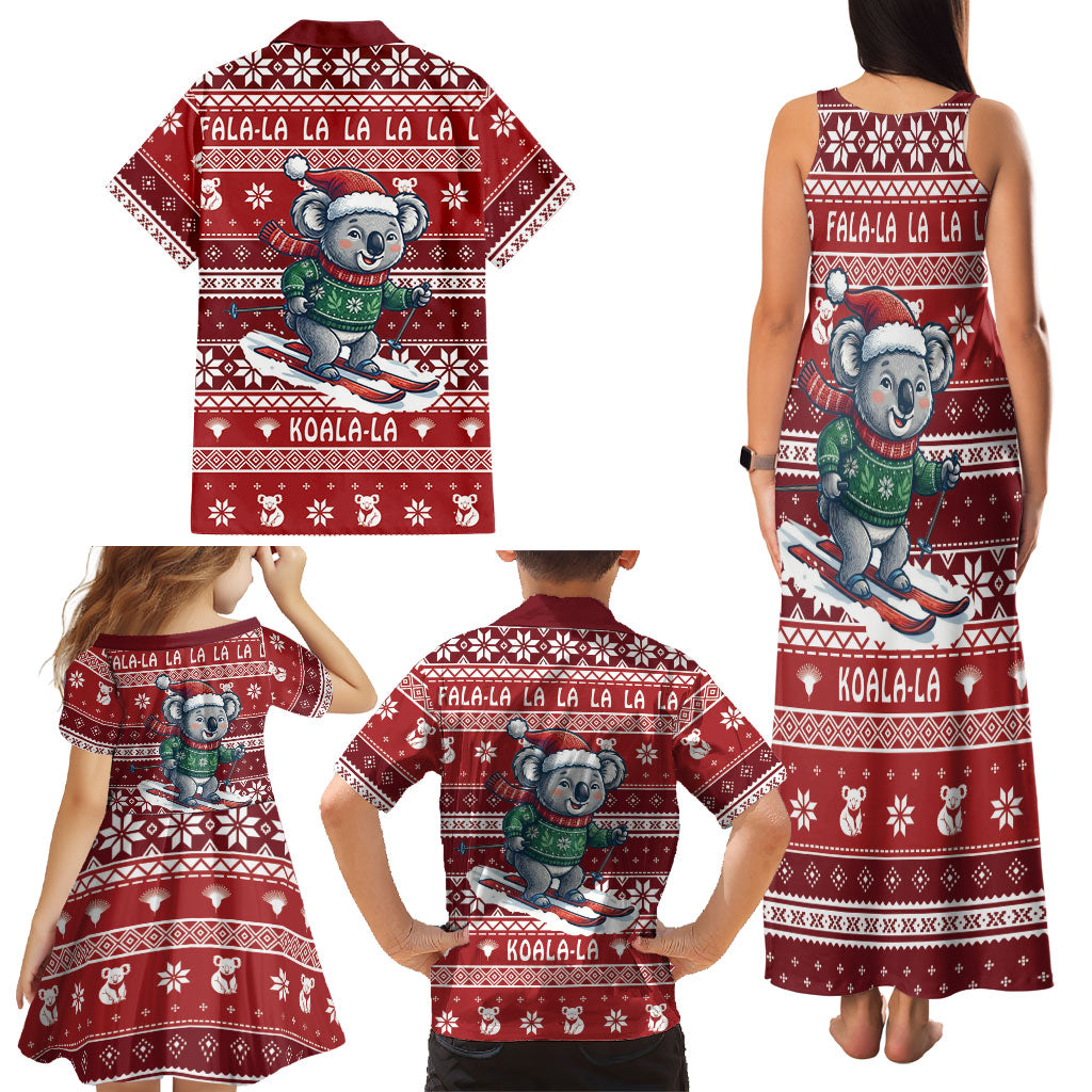 Australia Christmas In July Family Matching Tank Maxi Dress and Hawaiian Shirt Koala Santa Skiing Red Color