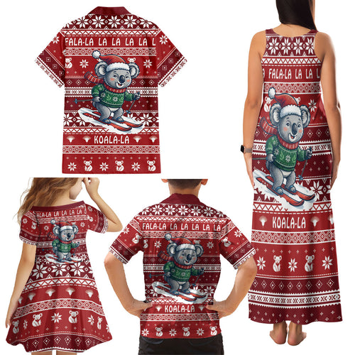 Australia Christmas In July Family Matching Tank Maxi Dress and Hawaiian Shirt Koala Santa Skiing Red Color