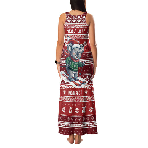 Australia Christmas In July Family Matching Tank Maxi Dress and Hawaiian Shirt Koala Santa Skiing Red Color